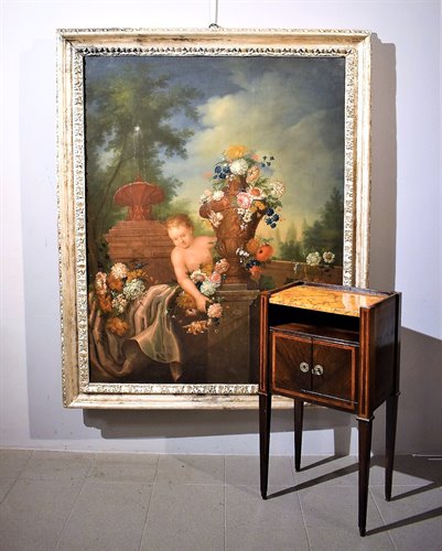 Nature Morte de Fleurs avec Putto et Fontaine dans un  jarden